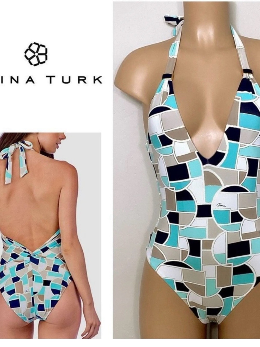 Trina Turk Aqua, Teal, Navy & Cream Geometric Halter One-Piece Swimsuit